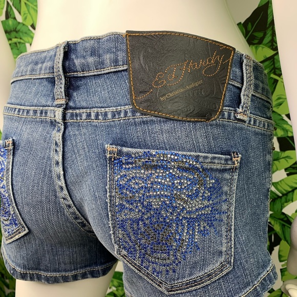 Y2K Ed Hardy Jean Short Shorts Size 27 Rhinestone Tiger Low Rise Daisy Dukes - Picture 5 of 11